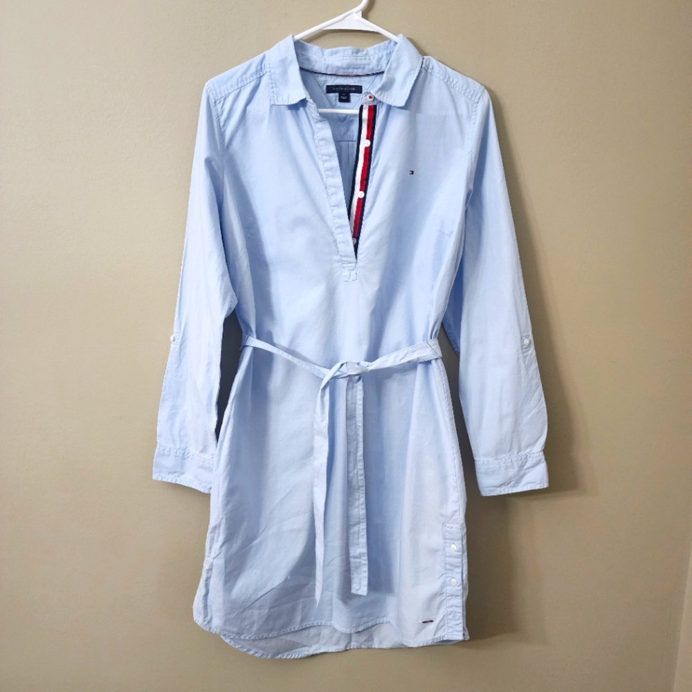 Tommy Hilfiger Size M Light Blue Belted Stripe Cotton Shirtdress